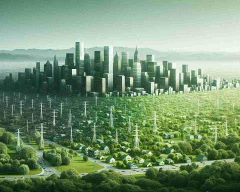 A detailed and realistic high-definition image representing the concept of the green dream of American Electric Power fading. It could illustrate a lush, verdant, energy-powered cityscape gradually transforming into a scenery with fewer green elements and more traditional power sources, conveying the idea of eco-friendly power shifting towards conventional methods.