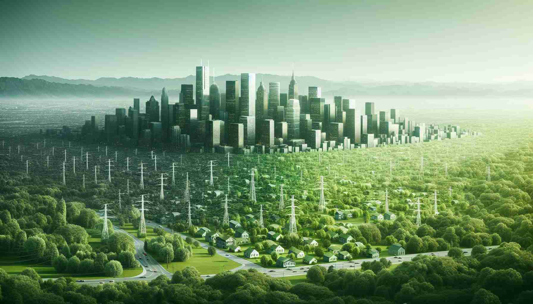 A detailed and realistic high-definition image representing the concept of the green dream of American Electric Power fading. It could illustrate a lush, verdant, energy-powered cityscape gradually transforming into a scenery with fewer green elements and more traditional power sources, conveying the idea of eco-friendly power shifting towards conventional methods.