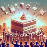 Generate an HD photo realistically depicting a scenario where a generic technology company is celebrating its milestones in a touching manner. Make it so the company is marked with modern elements like contemporary devices, software symbols, or code snippets. The celebration might include employees of mixed genders and diverse descents rejoicing together, perhaps by sharing a large cake shaped like a computer or hugging each other warmly. The atmosphere should exhibit joy, a sense of achievement, and a strong team spirit. Incorporate a banner or a poster in the scene with the words 'Discover How This Tech Company Celebrated Milestones with Heartwarming Acts'.