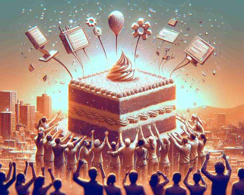 Generate an HD photo realistically depicting a scenario where a generic technology company is celebrating its milestones in a touching manner. Make it so the company is marked with modern elements like contemporary devices, software symbols, or code snippets. The celebration might include employees of mixed genders and diverse descents rejoicing together, perhaps by sharing a large cake shaped like a computer or hugging each other warmly. The atmosphere should exhibit joy, a sense of achievement, and a strong team spirit. Incorporate a banner or a poster in the scene with the words 'Discover How This Tech Company Celebrated Milestones with Heartwarming Acts'.