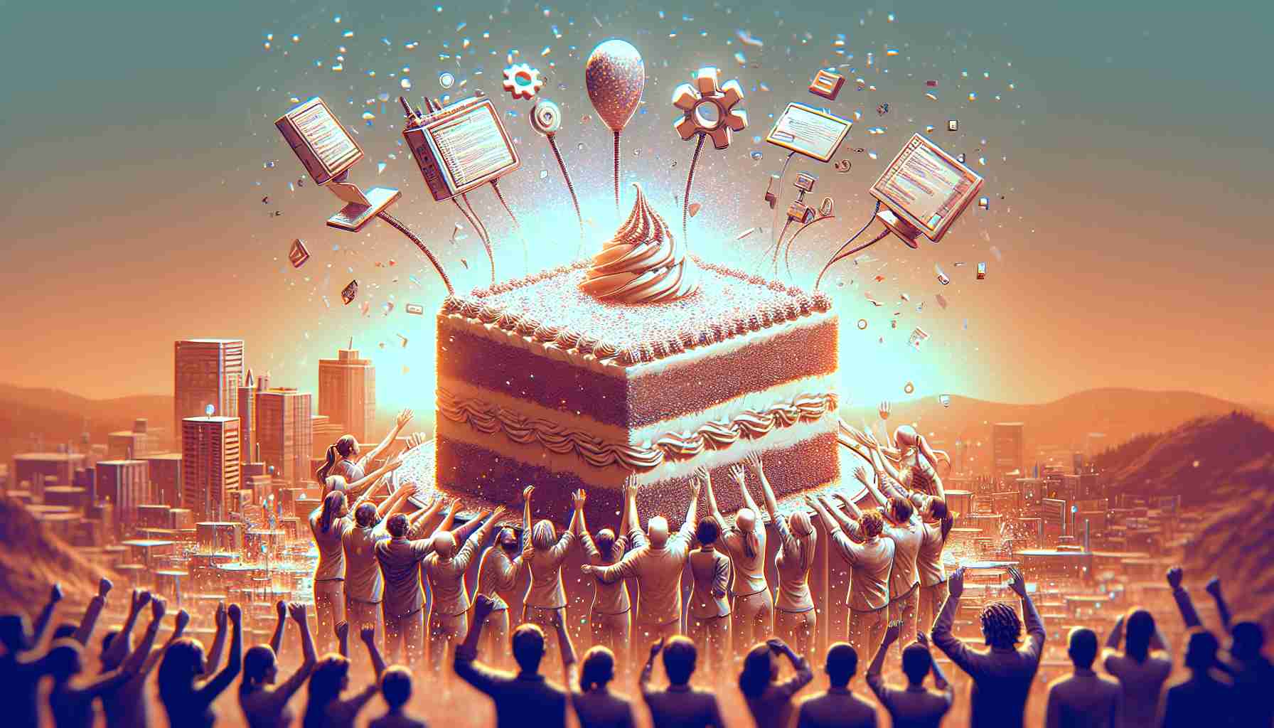 Generate an HD photo realistically depicting a scenario where a generic technology company is celebrating its milestones in a touching manner. Make it so the company is marked with modern elements like contemporary devices, software symbols, or code snippets. The celebration might include employees of mixed genders and diverse descents rejoicing together, perhaps by sharing a large cake shaped like a computer or hugging each other warmly. The atmosphere should exhibit joy, a sense of achievement, and a strong team spirit. Incorporate a banner or a poster in the scene with the words 'Discover How This Tech Company Celebrated Milestones with Heartwarming Acts'.