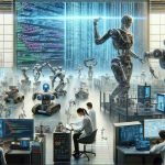 A highly detailed and realistic image of a scene that depicts the revolution in robotics. Show a state-of-the-art robotics lab with various advanced robots of different shapes and sizes working on diverse tasks. Meanwhile, a large screen in the background displays complex lines of code, representing the synthetic data which fuels their operations. Scientists, a Caucasian woman and a South Asian man, are monitoring the robots' performance and analyzing the data on their computers. Include the title 'Revolutionizing Robotics: How Synthetic Data is Changing the Game' at the top in bold letters.