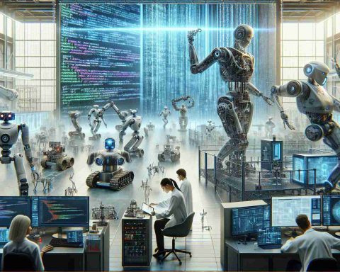 A highly detailed and realistic image of a scene that depicts the revolution in robotics. Show a state-of-the-art robotics lab with various advanced robots of different shapes and sizes working on diverse tasks. Meanwhile, a large screen in the background displays complex lines of code, representing the synthetic data which fuels their operations. Scientists, a Caucasian woman and a South Asian man, are monitoring the robots' performance and analyzing the data on their computers. Include the title 'Revolutionizing Robotics: How Synthetic Data is Changing the Game' at the top in bold letters.