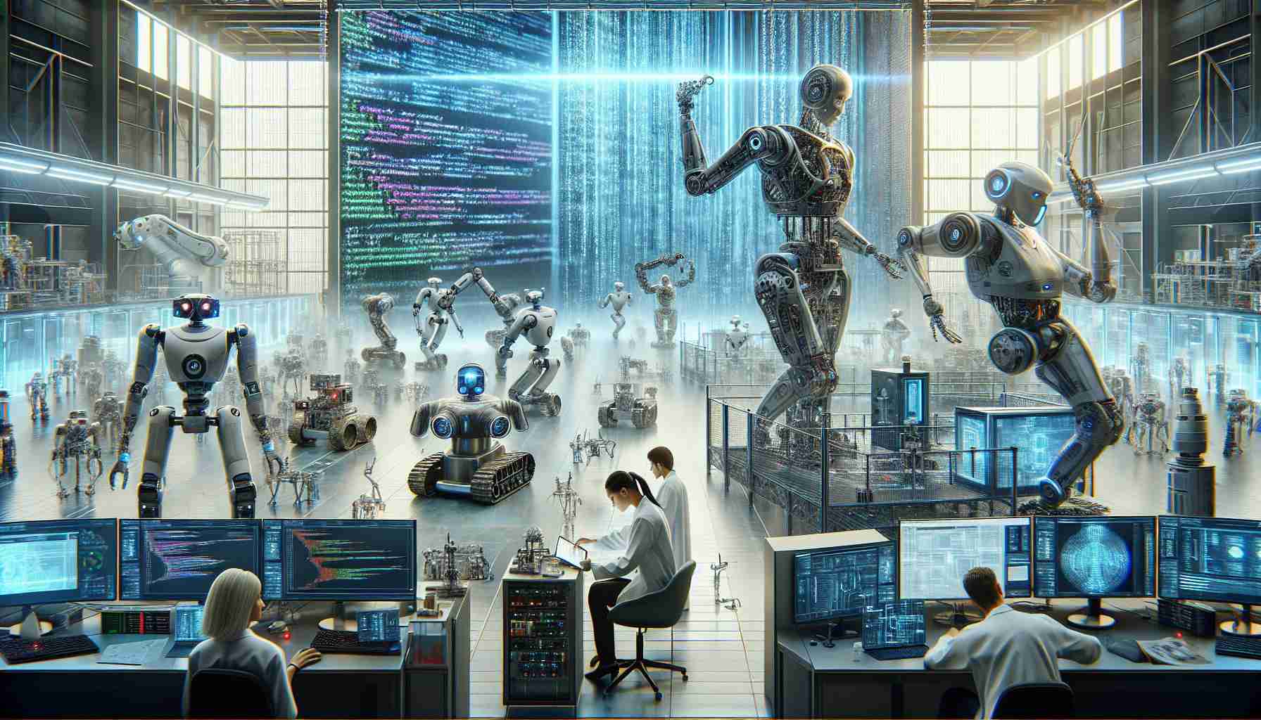 A highly detailed and realistic image of a scene that depicts the revolution in robotics. Show a state-of-the-art robotics lab with various advanced robots of different shapes and sizes working on diverse tasks. Meanwhile, a large screen in the background displays complex lines of code, representing the synthetic data which fuels their operations. Scientists, a Caucasian woman and a South Asian man, are monitoring the robots' performance and analyzing the data on their computers. Include the title 'Revolutionizing Robotics: How Synthetic Data is Changing the Game' at the top in bold letters.