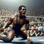 Realistic HD image of a young black male wrestler making a dramatic comeback in the wrestling ring, showcasing his strong physique and skill. He is wrestling against a fierce opponent on a standard wrestling mat, with a shocked crowd in the background.