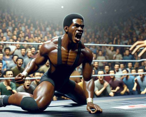 Realistic HD image of a young black male wrestler making a dramatic comeback in the wrestling ring, showcasing his strong physique and skill. He is wrestling against a fierce opponent on a standard wrestling mat, with a shocked crowd in the background.