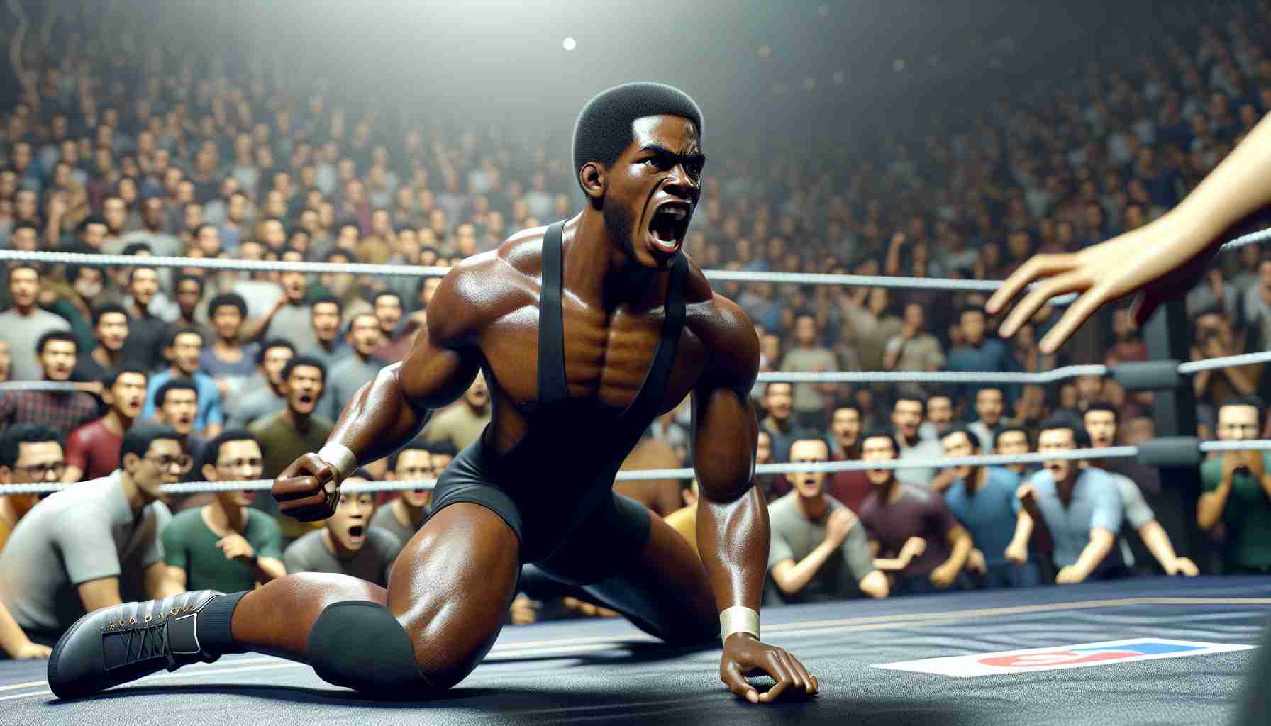 Realistic HD image of a young black male wrestler making a dramatic comeback in the wrestling ring, showcasing his strong physique and skill. He is wrestling against a fierce opponent on a standard wrestling mat, with a shocked crowd in the background.