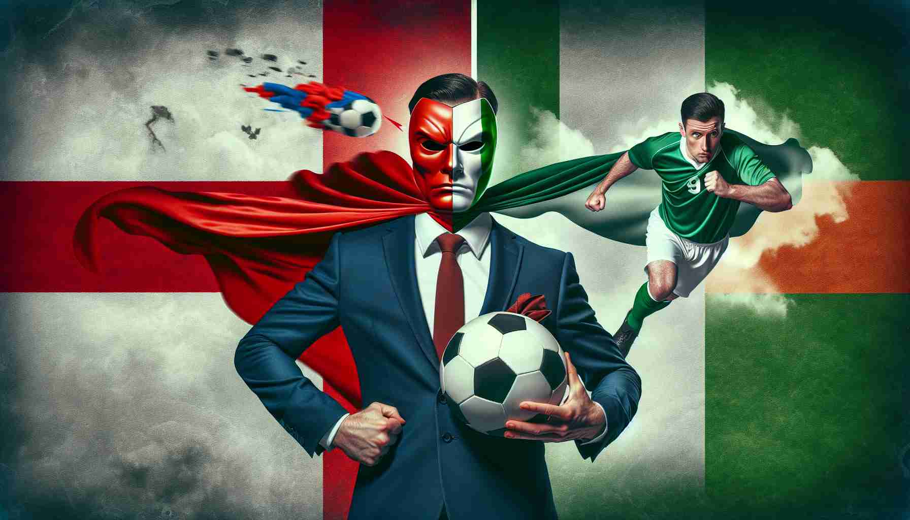 Create a high-definition image that metaphorically represents a soccer match between England and Ireland, where the outcome is unexpected and surprising.