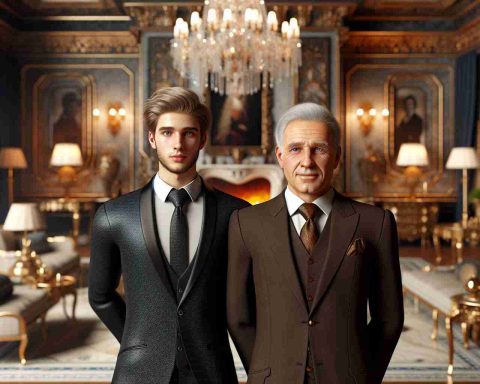 Realistically detailed HD image of a well-dressed young individual next to an older, elegantly outfitted person within an extravagant environment, implying a transfer of leadership within a luxury empire. Both are of undetermined gender and descent, adding an air of inclusivity and mystery. The surroundings should include hints of opulence and wealth such as plush furniture, expensive decorations, and vast architectural expanses.