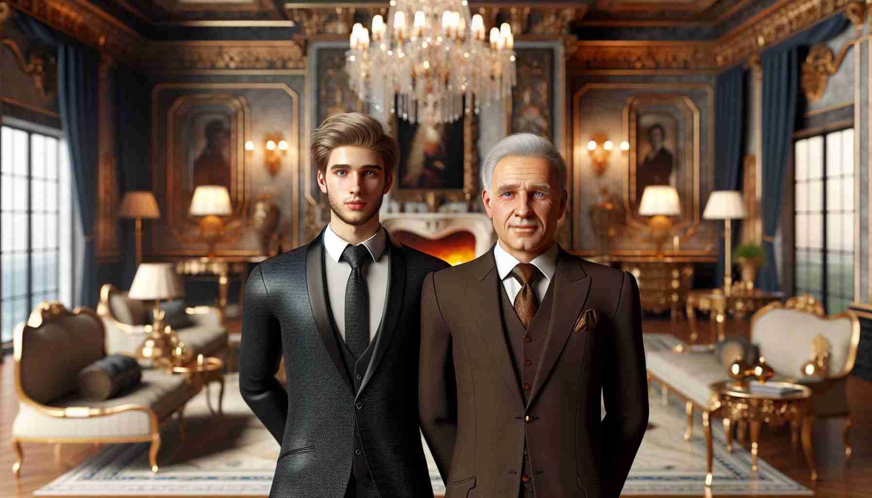 Realistically detailed HD image of a well-dressed young individual next to an older, elegantly outfitted person within an extravagant environment, implying a transfer of leadership within a luxury empire. Both are of undetermined gender and descent, adding an air of inclusivity and mystery. The surroundings should include hints of opulence and wealth such as plush furniture, expensive decorations, and vast architectural expanses.