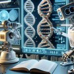 A high-definition, realistic rendering of a scene that signifies the unlocking of the secrets of evolution. In this image, robots are playing a pivotal role. One robot is observing a DNA double helix model with its cameras, helping to decode the genetic code symbolizing the essence of life and evolution. Another robot subtly holds a book titled 'Evolutionary Biology', representing the wealth of knowledge these advancements contribute to. In the background, there are a number of monitors displaying complex algorithms and evolutionary trees, indicating the underlying computational work enhancing our understanding of evolution.