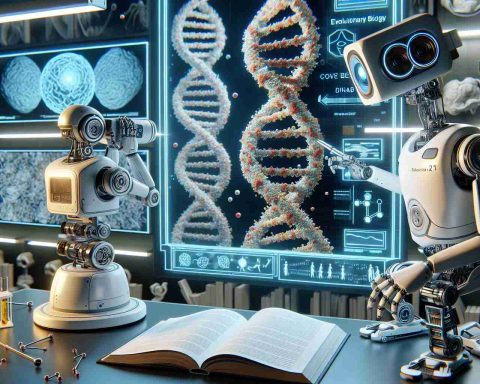 A high-definition, realistic rendering of a scene that signifies the unlocking of the secrets of evolution. In this image, robots are playing a pivotal role. One robot is observing a DNA double helix model with its cameras, helping to decode the genetic code symbolizing the essence of life and evolution. Another robot subtly holds a book titled 'Evolutionary Biology', representing the wealth of knowledge these advancements contribute to. In the background, there are a number of monitors displaying complex algorithms and evolutionary trees, indicating the underlying computational work enhancing our understanding of evolution.