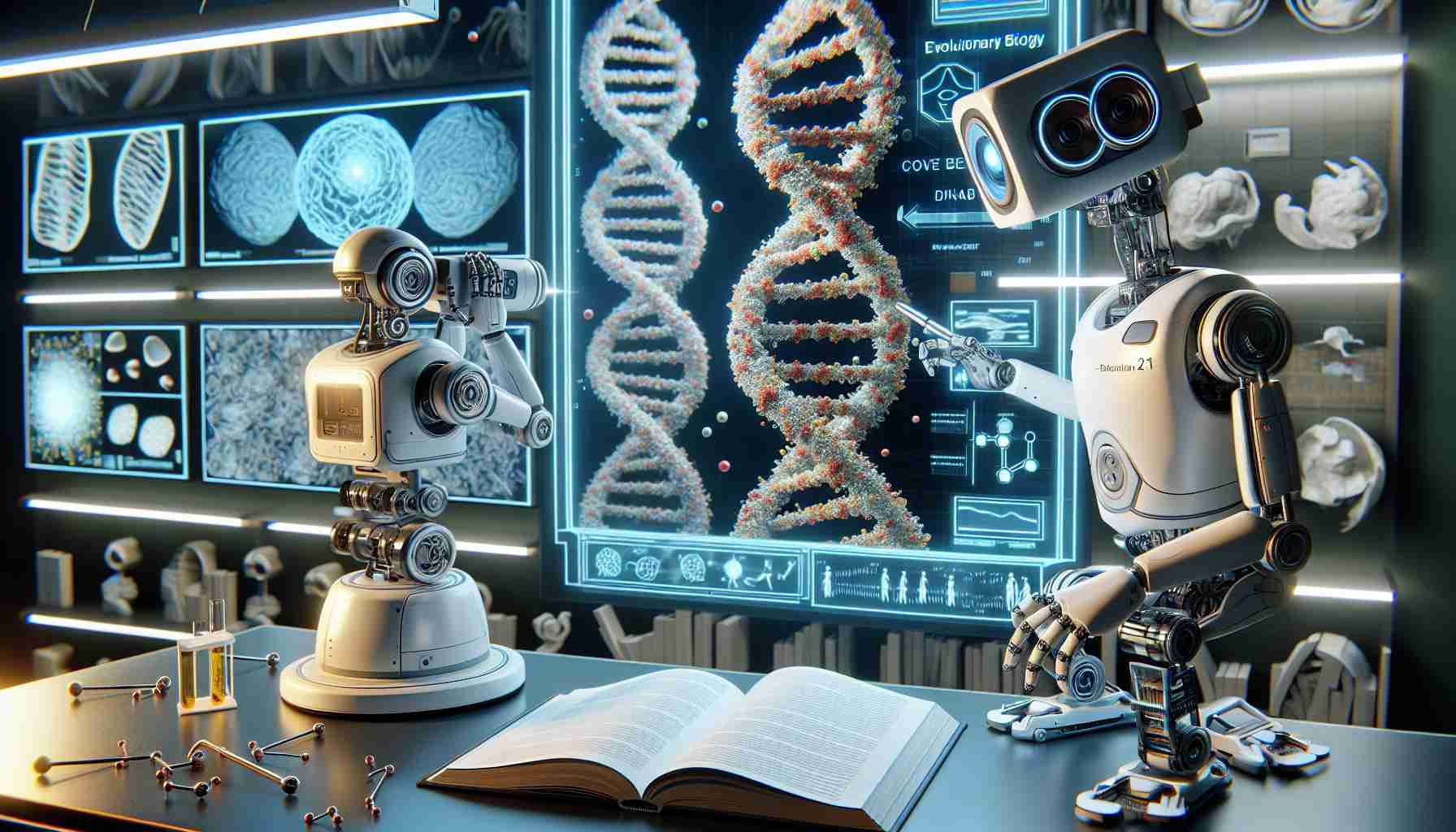 A high-definition, realistic rendering of a scene that signifies the unlocking of the secrets of evolution. In this image, robots are playing a pivotal role. One robot is observing a DNA double helix model with its cameras, helping to decode the genetic code symbolizing the essence of life and evolution. Another robot subtly holds a book titled 'Evolutionary Biology', representing the wealth of knowledge these advancements contribute to. In the background, there are a number of monitors displaying complex algorithms and evolutionary trees, indicating the underlying computational work enhancing our understanding of evolution.