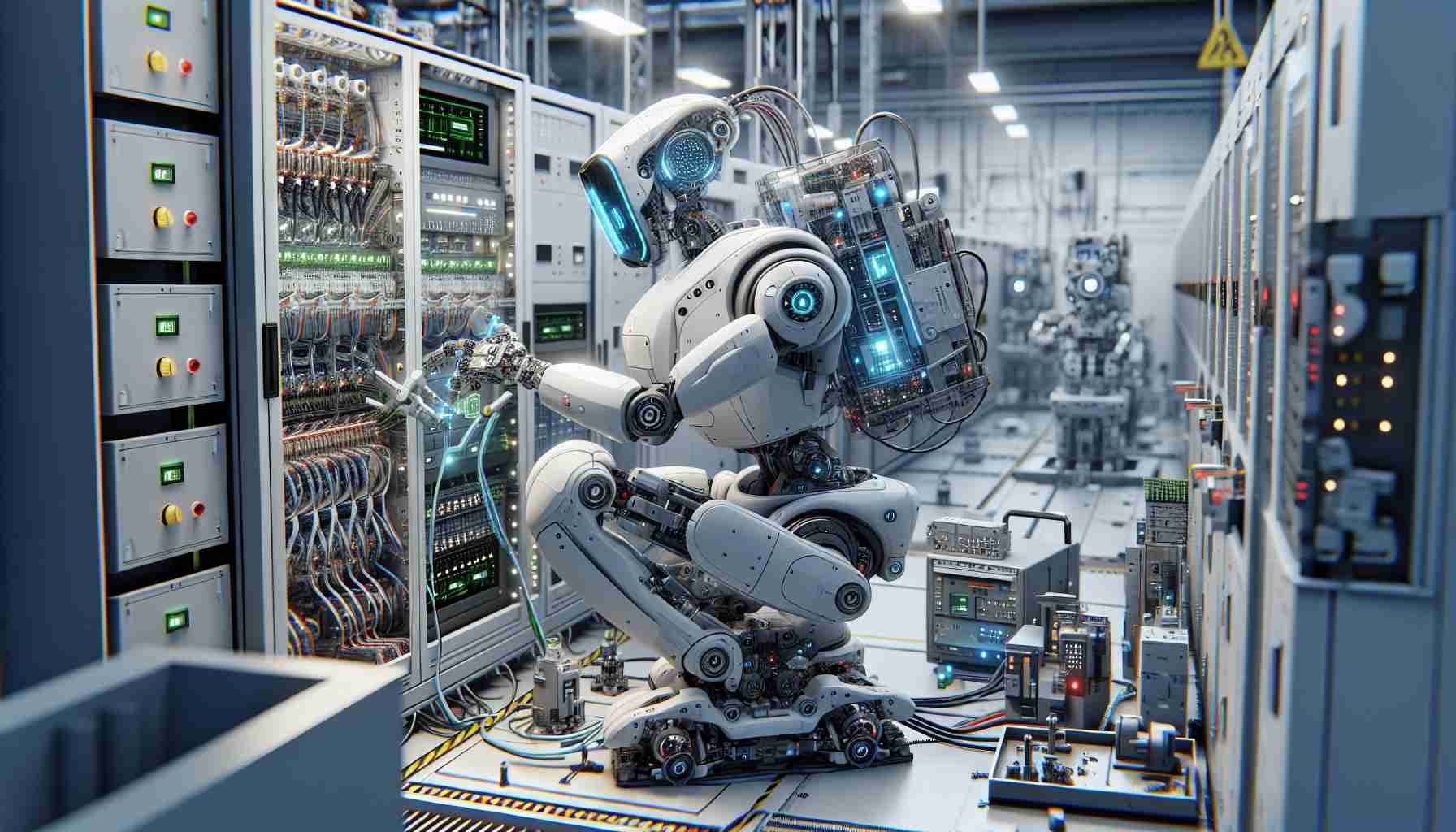 High-resolution, realistic image of an advanced robot at work. The robot is distinctly designed for power supply maintenance. It is set in a power supply station, inspecting and repairing various components. It showcases cutting-edge technology, equipped with numerous tools and sensors that clearly indicate the robot's function. Around it, various devices and parts of the power supply system can be seen. It displays precision, efficiency, and technological evolution. The focus is on the interaction between the robot and the power supply components, effectively illustrating how robotics and automation are transforming industries.