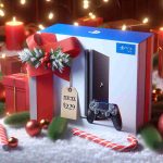 Realistic image of a vibrant holiday promotion showing a slim version of a next-generation gaming console, placed lovingly amidst a backdrop of festive decorations, featuring a price tag that suggests a great deal that won't break the bank.