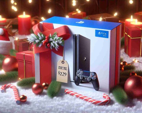 Realistic image of a vibrant holiday promotion showing a slim version of a next-generation gaming console, placed lovingly amidst a backdrop of festive decorations, featuring a price tag that suggests a great deal that won't break the bank.