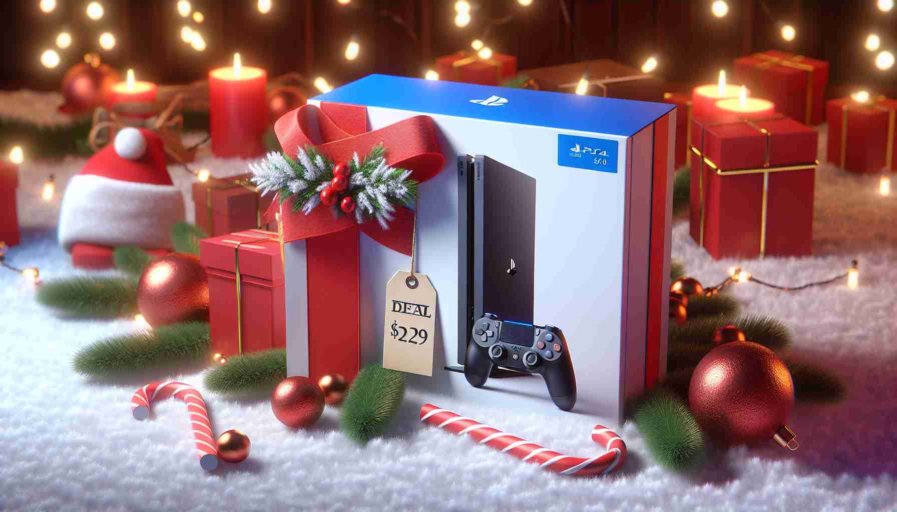 Realistic image of a vibrant holiday promotion showing a slim version of a next-generation gaming console, placed lovingly amidst a backdrop of festive decorations, featuring a price tag that suggests a great deal that won't break the bank.