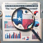 Generate a realistic high-resolution image depicting an investigation or research into the perception of greatness. Illustrate elements such as graphs, statistics, surveys, a magnifying glass over a map of Texas, and a headline titled 'Are the Texans Really as Great as They Seem? The Truth Uncovered'.