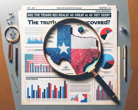 Generate a realistic high-resolution image depicting an investigation or research into the perception of greatness. Illustrate elements such as graphs, statistics, surveys, a magnifying glass over a map of Texas, and a headline titled 'Are the Texans Really as Great as They Seem? The Truth Uncovered'.