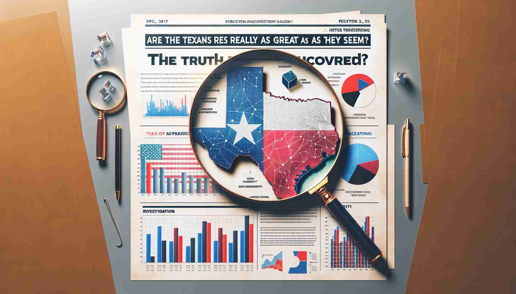 Generate a realistic high-resolution image depicting an investigation or research into the perception of greatness. Illustrate elements such as graphs, statistics, surveys, a magnifying glass over a map of Texas, and a headline titled 'Are the Texans Really as Great as They Seem? The Truth Uncovered'.