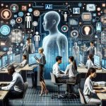 An HD image portraying an abstract concept of how AI is transforming work. Depict an office environment with diverse group of employees: A Black male worker attentively analyzing data on a high-tech, futuristic computer, a White female employee interacting with a holographic display, and an Asian male worker who is communicating with a virtual AI assistant in form of holographic humanoid. Show various AI and tech symbols subtly incorporated into the scene to symbolize the silent yet profound impact of AI. The overall color scheme should be contemporary, with a balance between warm and cool colors.