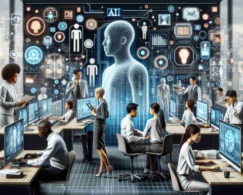 An HD image portraying an abstract concept of how AI is transforming work. Depict an office environment with diverse group of employees: A Black male worker attentively analyzing data on a high-tech, futuristic computer, a White female employee interacting with a holographic display, and an Asian male worker who is communicating with a virtual AI assistant in form of holographic humanoid. Show various AI and tech symbols subtly incorporated into the scene to symbolize the silent yet profound impact of AI. The overall color scheme should be contemporary, with a balance between warm and cool colors.