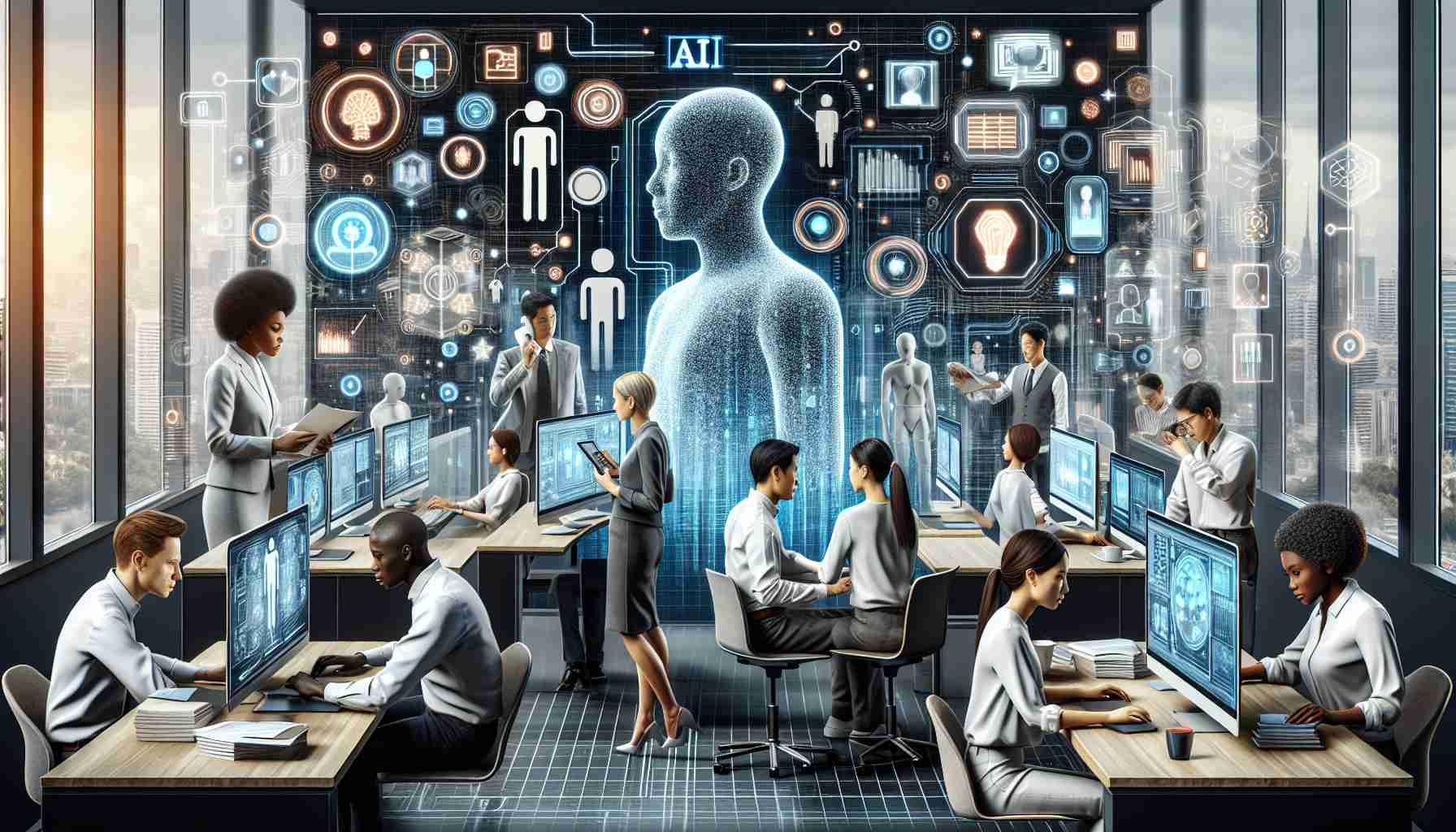 An HD image portraying an abstract concept of how AI is transforming work. Depict an office environment with diverse group of employees: A Black male worker attentively analyzing data on a high-tech, futuristic computer, a White female employee interacting with a holographic display, and an Asian male worker who is communicating with a virtual AI assistant in form of holographic humanoid. Show various AI and tech symbols subtly incorporated into the scene to symbolize the silent yet profound impact of AI. The overall color scheme should be contemporary, with a balance between warm and cool colors.