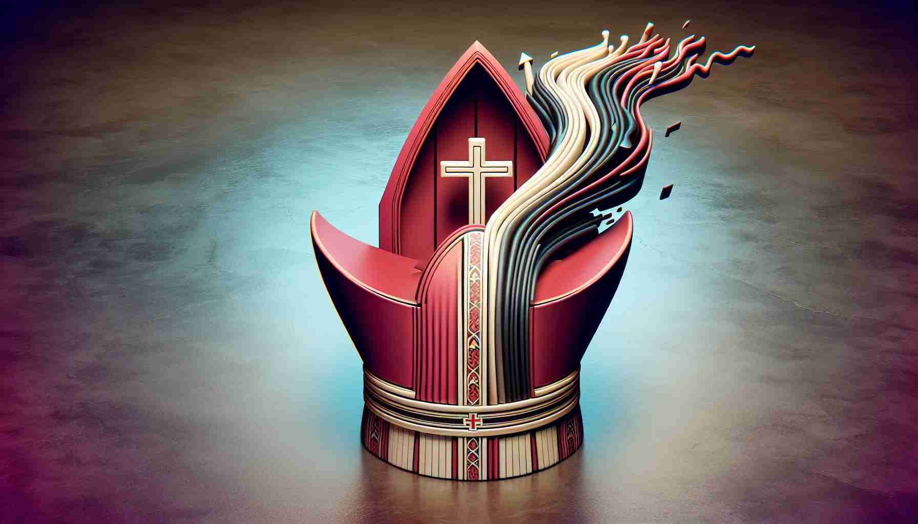 A realistic high-definition image portraying an abstract concept of a shocking leadership shift within the Anglican Church. The design could include visually symbolic elements such as an overturned bishop's mitre or a dramatic shift from light to dark colors to represent the change, also hinting at uncertainty over the future. No specific individuals or real-world locations should be depicted.