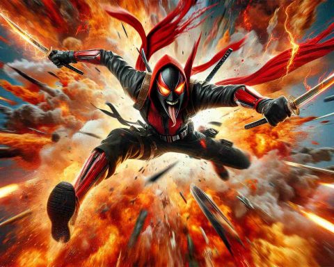 An ultra high-definition depiction of a scenario inspired by an unpredictable and chaotic comic book character who wears a red and black costume, holding dual swords while leaping off a dramatic explosion, symbolizing the frantic energy and insanity associated with the third installment of a popular action franchise. This character is known for his unpredictable actions and snappy one-liners.