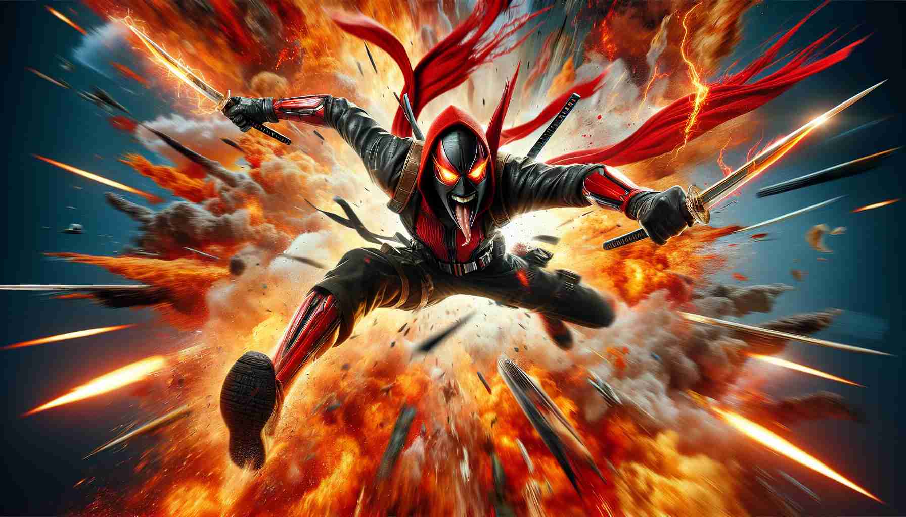 An ultra high-definition depiction of a scenario inspired by an unpredictable and chaotic comic book character who wears a red and black costume, holding dual swords while leaping off a dramatic explosion, symbolizing the frantic energy and insanity associated with the third installment of a popular action franchise. This character is known for his unpredictable actions and snappy one-liners.