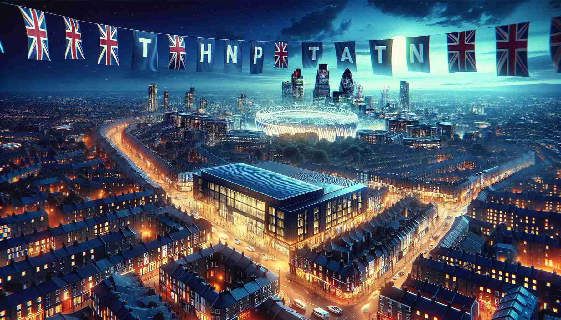 A high-definition, realistic photo of a cityscape of North London aglow with anticipation. Vivid imagery includes anticipation banners hanging in the streets, an atmosphere of excitement brewing amongst the city's inhabitants as they prepare for a significant, upcoming competitive event that could potentially shock the world.