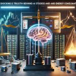 A realistic HD image illustrating the connection between AI Stocks and Energy consumption. The image should be a detailed collage of symbols and scenes: a series of graphs showing the rise of AI stocks; multiple computer servers arranged in a room with blinking lights; a meter measuring high energy consumption; scenes of wind turbines and solar panels highlighting renewable energy sources. As the centerpiece, a set of scales balancing a brain symbolizing AI and a lightning bolt symbolizing energy. The wordings 'The Shocking Truth Behind AI Stocks and Energy Consumption' are written in bold lettering at the top.