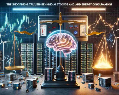 A realistic HD image illustrating the connection between AI Stocks and Energy consumption. The image should be a detailed collage of symbols and scenes: a series of graphs showing the rise of AI stocks; multiple computer servers arranged in a room with blinking lights; a meter measuring high energy consumption; scenes of wind turbines and solar panels highlighting renewable energy sources. As the centerpiece, a set of scales balancing a brain symbolizing AI and a lightning bolt symbolizing energy. The wordings 'The Shocking Truth Behind AI Stocks and Energy Consumption' are written in bold lettering at the top.