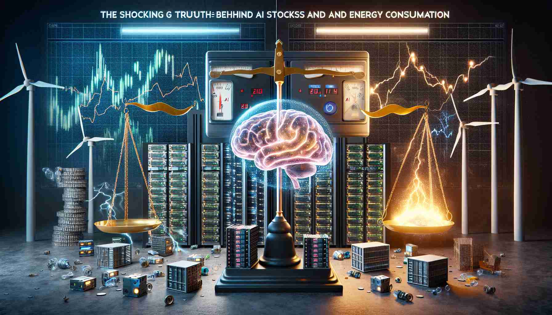 A realistic HD image illustrating the connection between AI Stocks and Energy consumption. The image should be a detailed collage of symbols and scenes: a series of graphs showing the rise of AI stocks; multiple computer servers arranged in a room with blinking lights; a meter measuring high energy consumption; scenes of wind turbines and solar panels highlighting renewable energy sources. As the centerpiece, a set of scales balancing a brain symbolizing AI and a lightning bolt symbolizing energy. The wordings 'The Shocking Truth Behind AI Stocks and Energy Consumption' are written in bold lettering at the top.