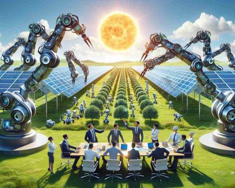 Generate a realistic high-definition image that portrays the concept of revolutionizing solar energy through major investments in robotics. The scene could include robotic arms engaged in the construction and deployment of solar panels, a team of engineers of different genders and descents brainstorming futuristic solar energy solutions, a board room where potential investors (both men and women of various racial backgrounds) are being briefed about the merits of this investment, and a background including a green field full of efficiently-arranged solar panels. Let's use a sunny day to show the power of solar energy.