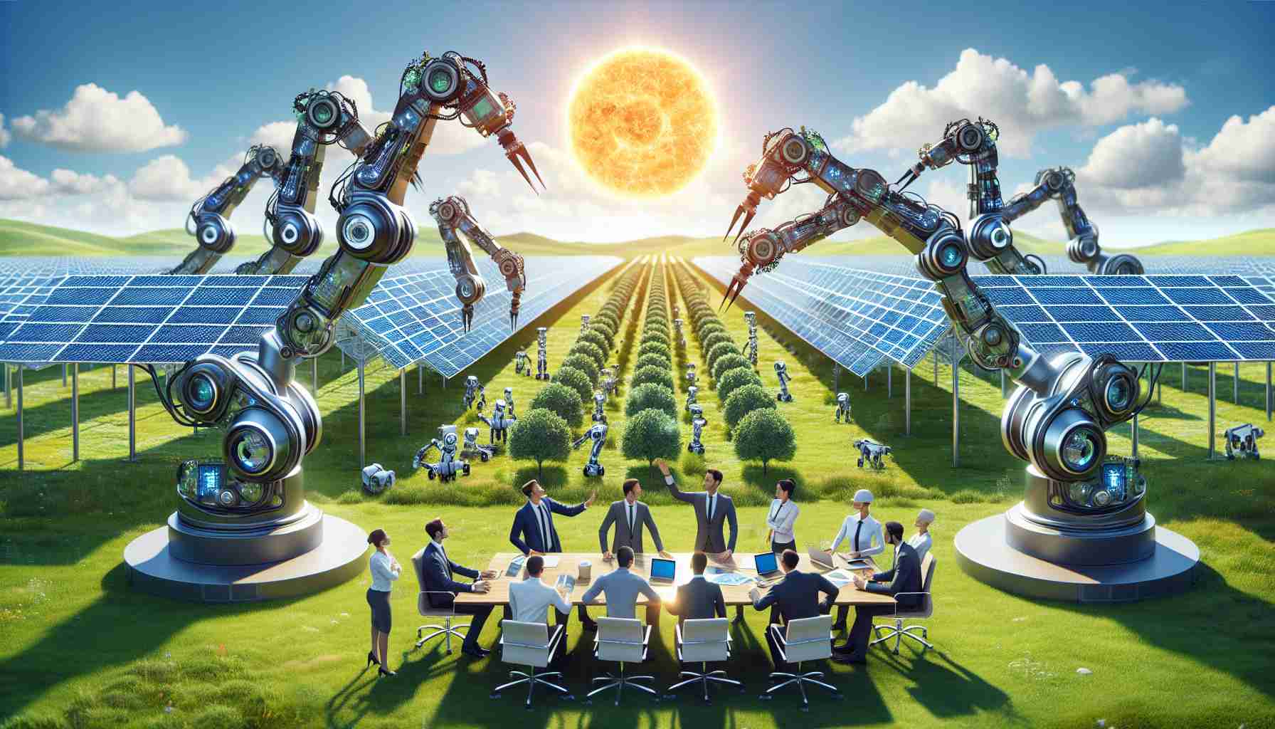 Generate a realistic high-definition image that portrays the concept of revolutionizing solar energy through major investments in robotics. The scene could include robotic arms engaged in the construction and deployment of solar panels, a team of engineers of different genders and descents brainstorming futuristic solar energy solutions, a board room where potential investors (both men and women of various racial backgrounds) are being briefed about the merits of this investment, and a background including a green field full of efficiently-arranged solar panels. Let's use a sunny day to show the power of solar energy.