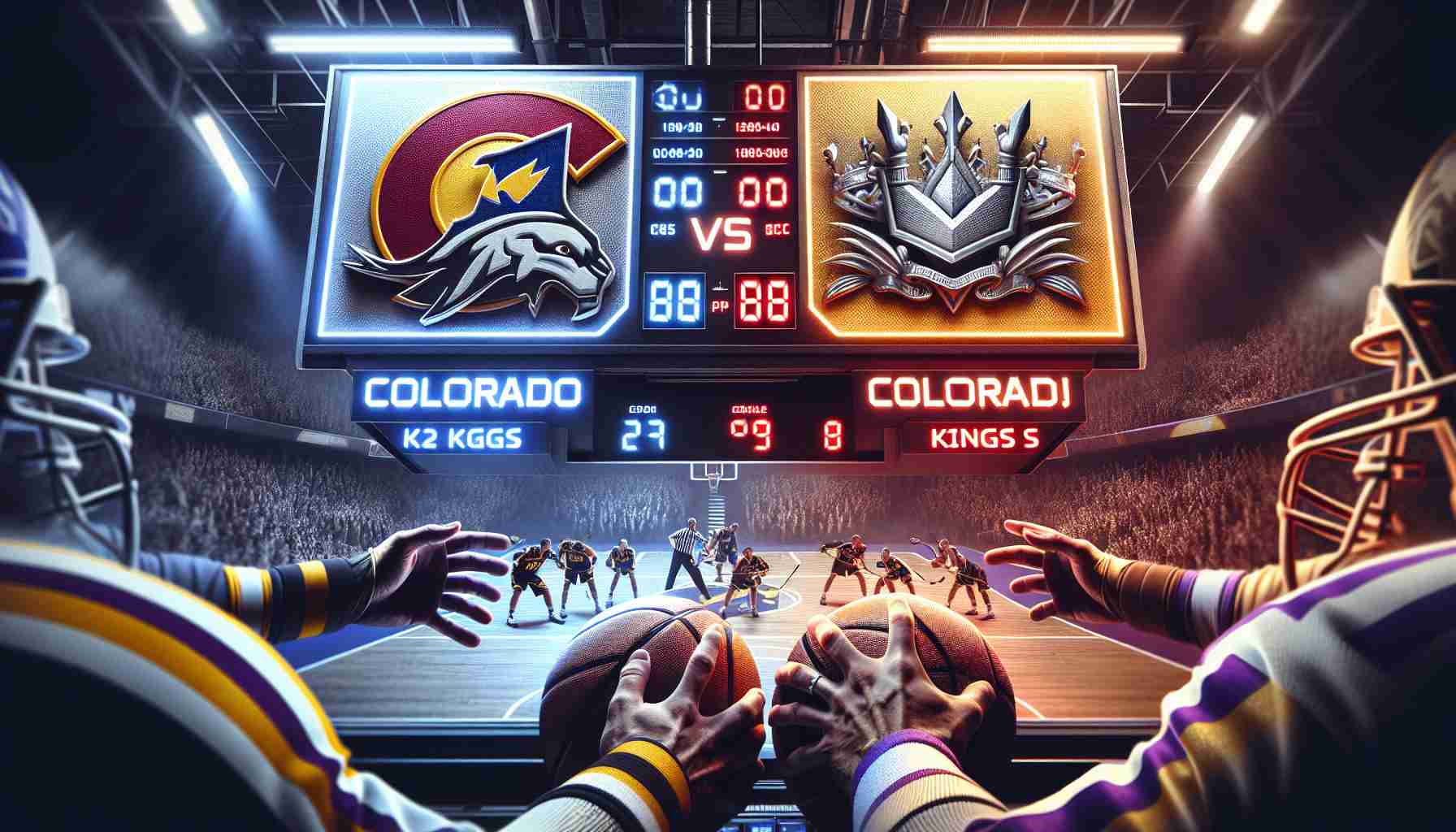 A realistic, high-definition image illustrating an intense game situation between two sports teams - one with a emblem symbolizing Colorado and the other with a logo paying tribute to kings. Indications of a winning streak such as a scoreboard displaying consecutive victories for the Colorado team. The scene should capture extreme emotions of both excitement and anticipation.