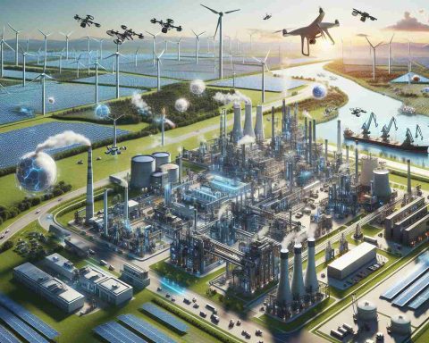 Create a realistic, high-definition image capturing a future industrial landscape being shaped by technology. Illustrate a sprawling complex with different types of factories, warehouses, and logistic hubs. Add autonomous machines working efficiently, drones flying over the infrastructure, delivering goods, and AI-controlled cranes moving heavy cargoes. Surround this dynamic scene with the power of renewable energy sources - wind turbines rotating gently in the wind, fields of solar panels glittering under the sun, and geothermal plants dotting the area. Showcase the blend of industry and advanced technology, all aiming for a sustainable future.