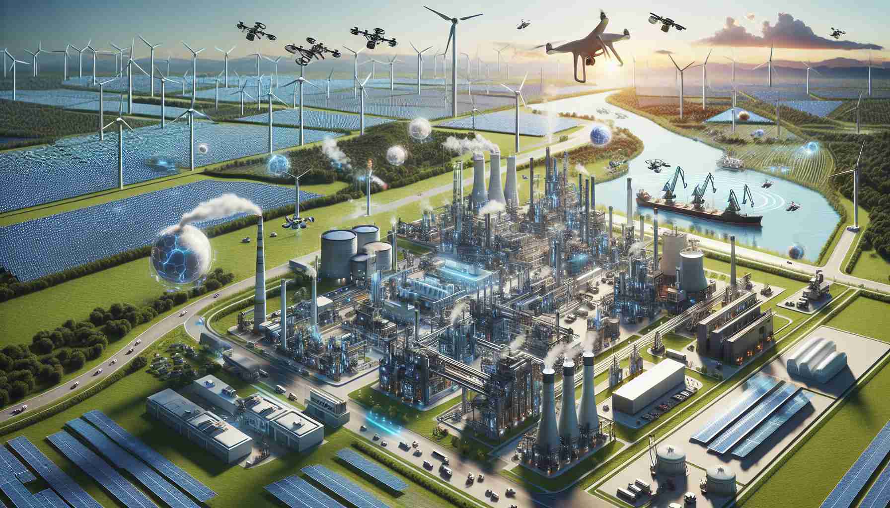 Create a realistic, high-definition image capturing a future industrial landscape being shaped by technology. Illustrate a sprawling complex with different types of factories, warehouses, and logistic hubs. Add autonomous machines working efficiently, drones flying over the infrastructure, delivering goods, and AI-controlled cranes moving heavy cargoes. Surround this dynamic scene with the power of renewable energy sources - wind turbines rotating gently in the wind, fields of solar panels glittering under the sun, and geothermal plants dotting the area. Showcase the blend of industry and advanced technology, all aiming for a sustainable future.