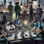 Realistic high-definition photo of a diverse group of students preparing for an intense global event focused on robotics. The scene includes both male and female students of various descents like Caucasian, Hispanic, Middle-Eastern, Black, and South Asian. They are all buzzing around, actively assembling or programming their smart-robotic creations, under bright indoor lights. Some are hunched over blueprints and schematics, others are testing robotic movements, while a few are engaged in lively discussions around strategy and optimization. The atmosphere is charged with anticipation and excitement.