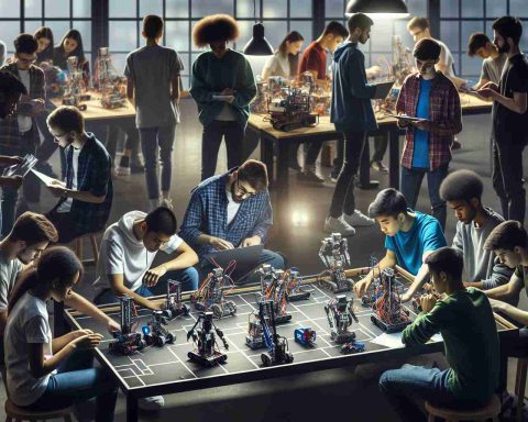 Realistic high-definition photo of a diverse group of students preparing for an intense global event focused on robotics. The scene includes both male and female students of various descents like Caucasian, Hispanic, Middle-Eastern, Black, and South Asian. They are all buzzing around, actively assembling or programming their smart-robotic creations, under bright indoor lights. Some are hunched over blueprints and schematics, others are testing robotic movements, while a few are engaged in lively discussions around strategy and optimization. The atmosphere is charged with anticipation and excitement.