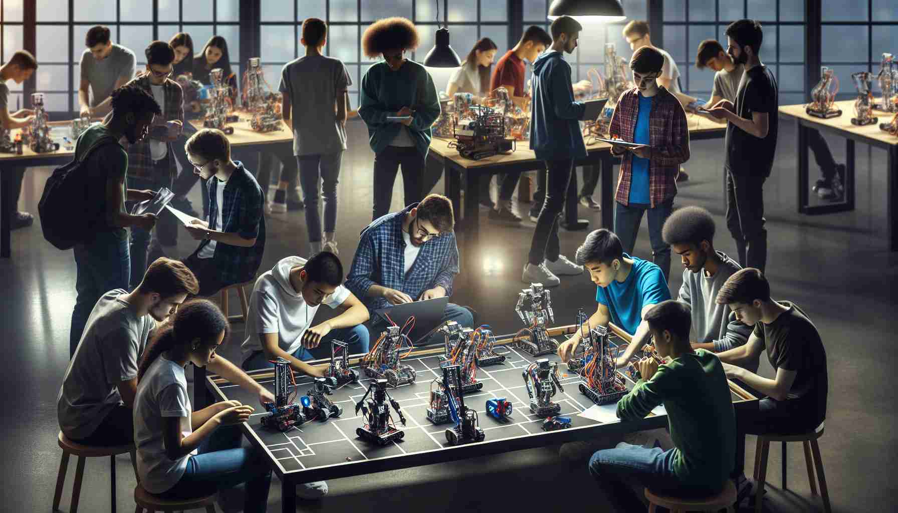 Realistic high-definition photo of a diverse group of students preparing for an intense global event focused on robotics. The scene includes both male and female students of various descents like Caucasian, Hispanic, Middle-Eastern, Black, and South Asian. They are all buzzing around, actively assembling or programming their smart-robotic creations, under bright indoor lights. Some are hunched over blueprints and schematics, others are testing robotic movements, while a few are engaged in lively discussions around strategy and optimization. The atmosphere is charged with anticipation and excitement.