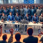 High-definition, realistic image of a significant coaching change impacting a renowned city basketball team, showing a press conference with new and old coaching staff, players, reporters, and all the emotions involved.