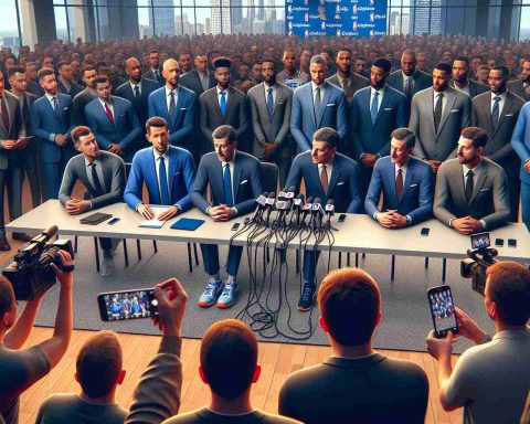 High-definition, realistic image of a significant coaching change impacting a renowned city basketball team, showing a press conference with new and old coaching staff, players, reporters, and all the emotions involved.