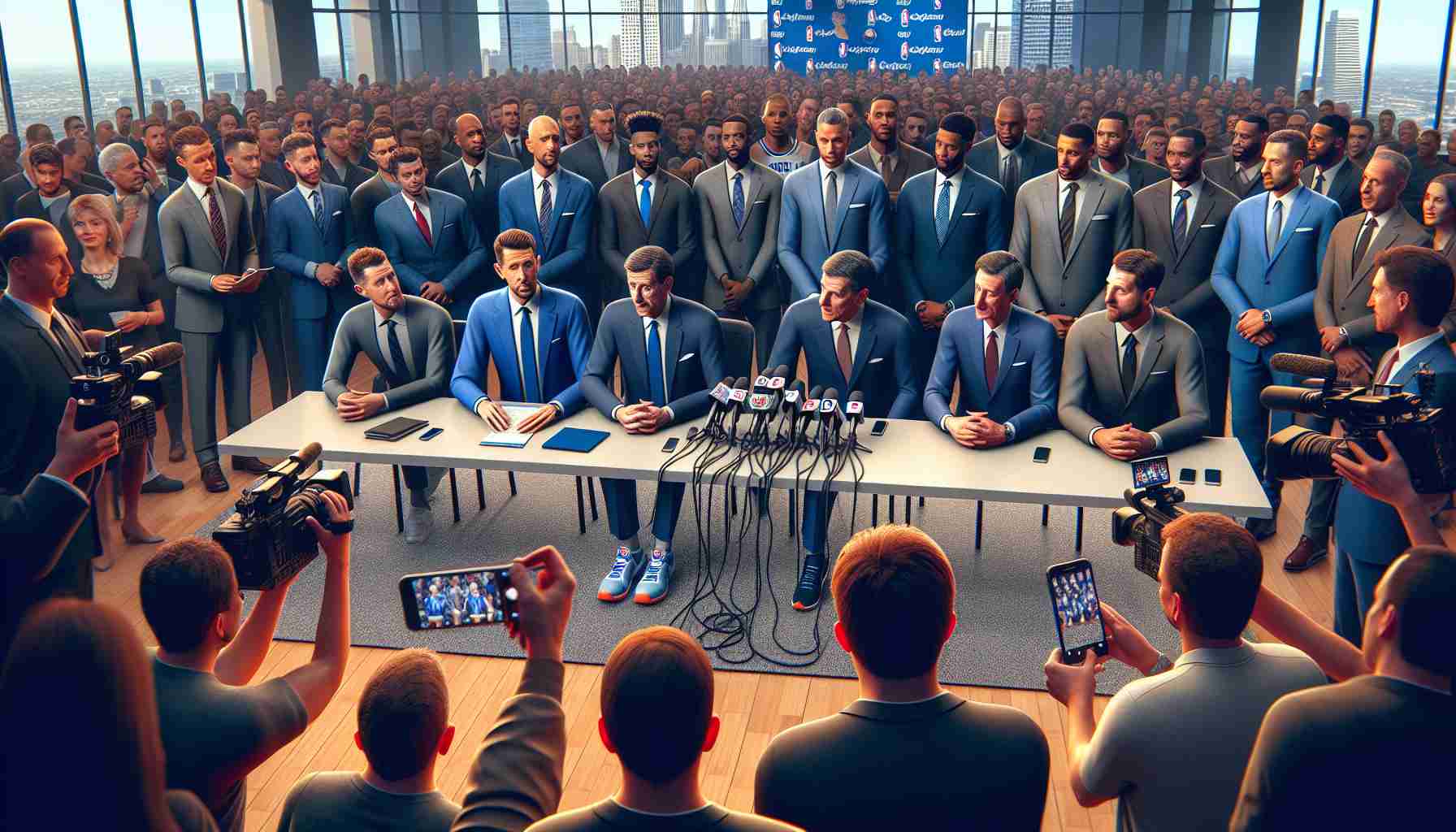 High-definition, realistic image of a significant coaching change impacting a renowned city basketball team, showing a press conference with new and old coaching staff, players, reporters, and all the emotions involved.