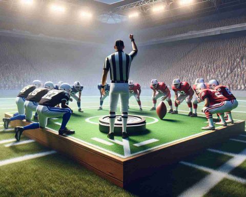 A high-definition, realistic image depicting a new method of starting football games instead of the traditional coin toss. The scene should include a football field in the background, the referee standing in the center with players from both teams surrounding him, and an innovative object or method being used to decide which team will kick off initially. Ensure to capture the atmosphere of anticipation and excitement among the players and spectators.