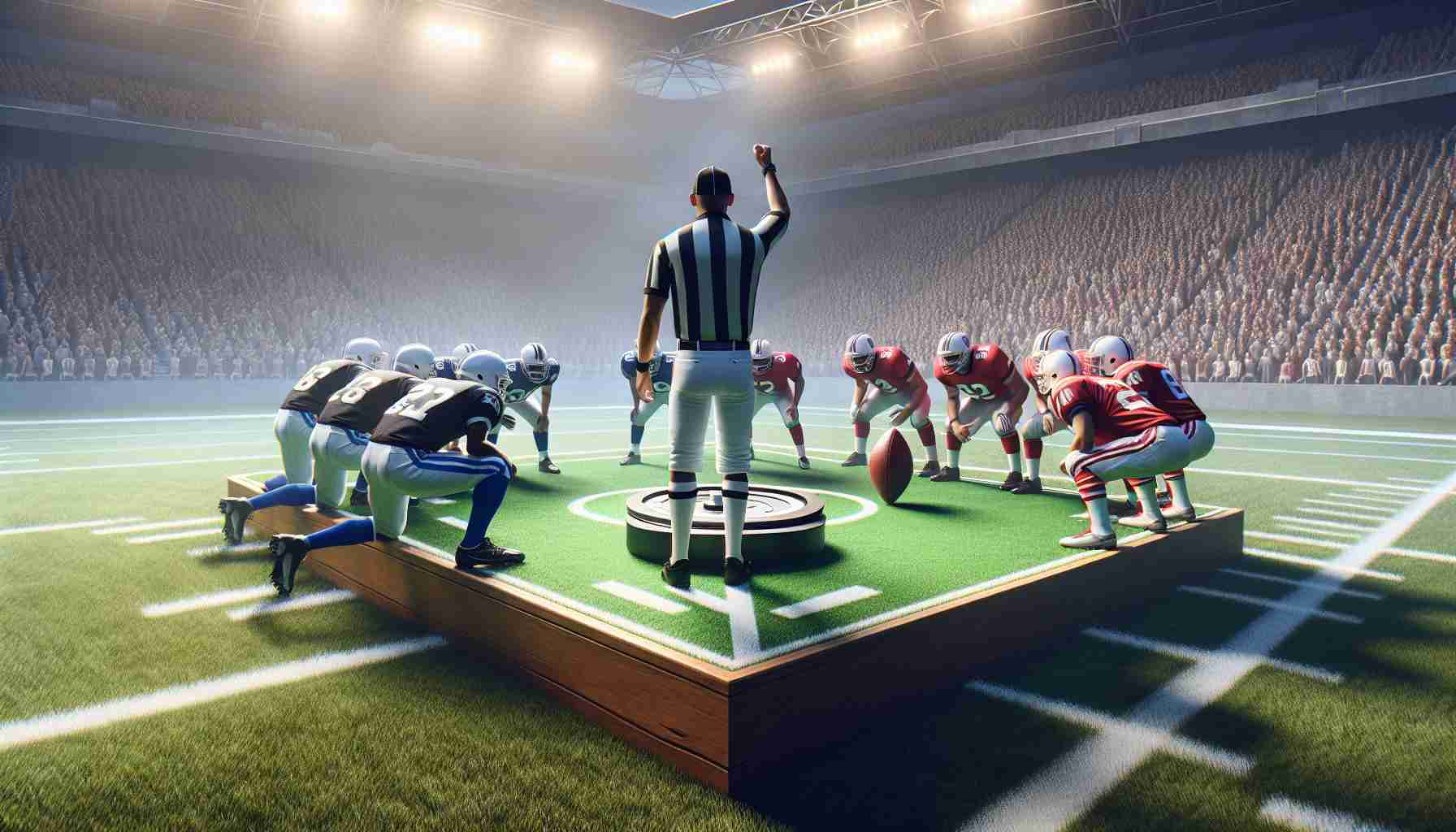 A high-definition, realistic image depicting a new method of starting football games instead of the traditional coin toss. The scene should include a football field in the background, the referee standing in the center with players from both teams surrounding him, and an innovative object or method being used to decide which team will kick off initially. Ensure to capture the atmosphere of anticipation and excitement among the players and spectators.