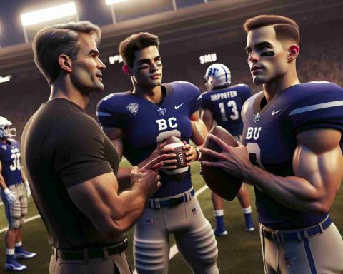 A realistic, high-definition scene during a pivotal moment in a football game: the coach of the BC team is discussing offensive strategies with two quarterback candidates. One is a Caucasian male with muscular build, and the other is a Hispanic female with an athletic build. Their expressions are filled with determination and anxiety. In the background, the top-ranked SMU team can be seen warming up, their impressive aura filling the stadium.