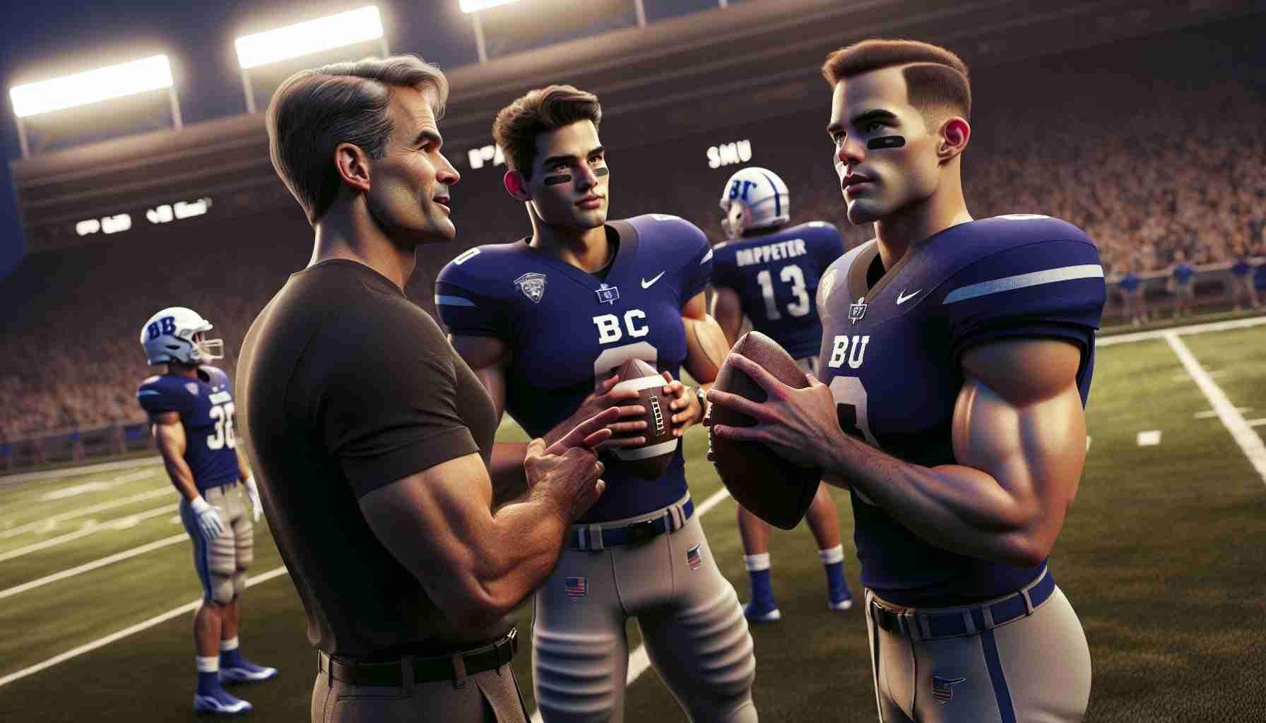 A realistic, high-definition scene during a pivotal moment in a football game: the coach of the BC team is discussing offensive strategies with two quarterback candidates. One is a Caucasian male with muscular build, and the other is a Hispanic female with an athletic build. Their expressions are filled with determination and anxiety. In the background, the top-ranked SMU team can be seen warming up, their impressive aura filling the stadium.