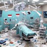 A realistic, high-definition picture featuring the aftermath of a significant occurrence related to robotic surgery within an Indonesian hospital setting. The scene should reflect the expression of surprise and disbelief. Include various elements such as robotic arms, medical equipment, and documents scattered across a sterile operating room. Try to convey a sense of dramatic change or phenomenon without using explicit details.